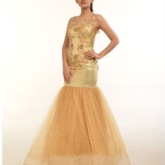 gaun preloved mermaid gold backless / gaun prewed bandung