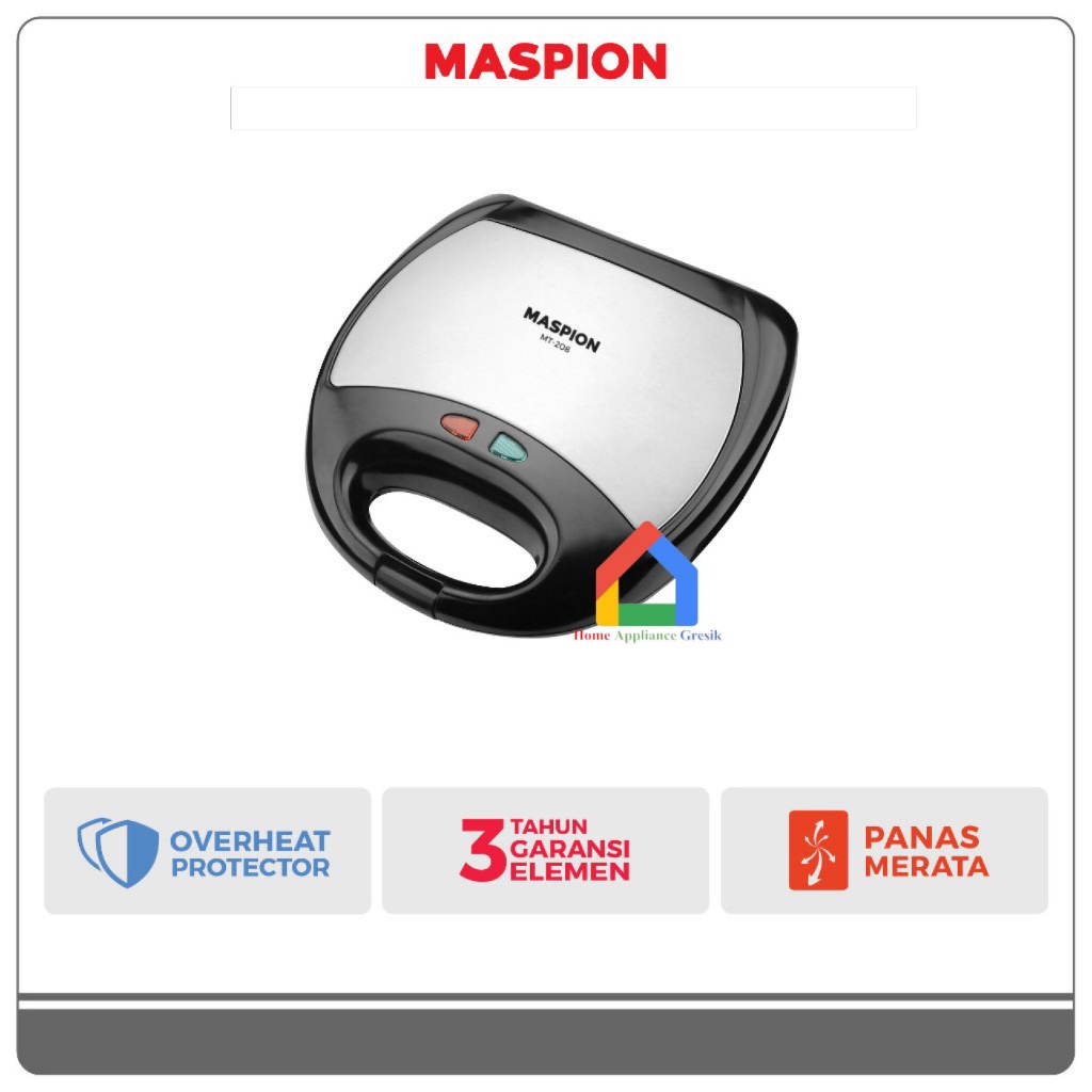 Pemanggang Roti Sandwich Maspion MT208, 2 Slot, Material Phenolic, Warna Hitam-Silver