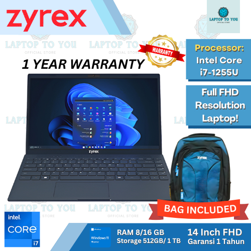ZYREX NOTEBOOK CRUISER 20 1427U-8S5 / Intel Core i7-1255U / RAM 8 512GB Win 11 + GARANSI 1 Tahun