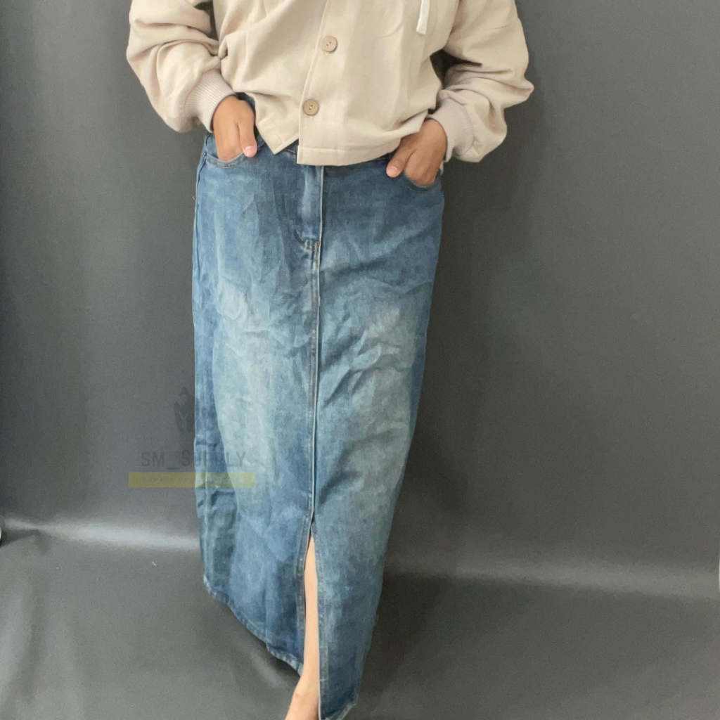 KAYS SKIRT 5583 - Rok Panjang Denim - Belah Depan - Pinggang Tinggi -  Gaya Korea -  rok midi korea