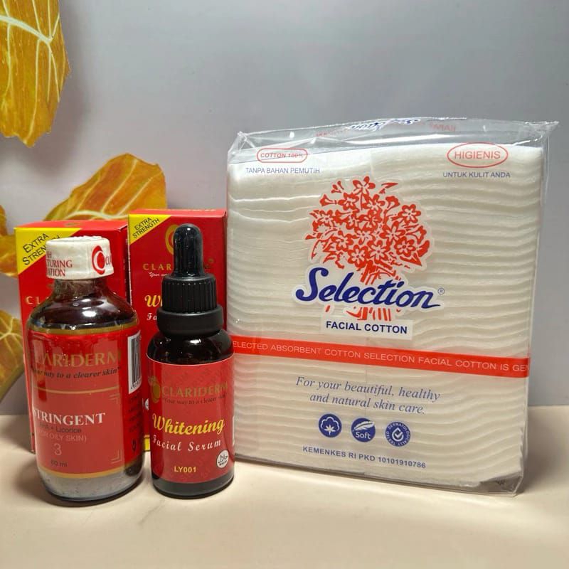 paket clariderm 3in1(toner original, serum, kapas)