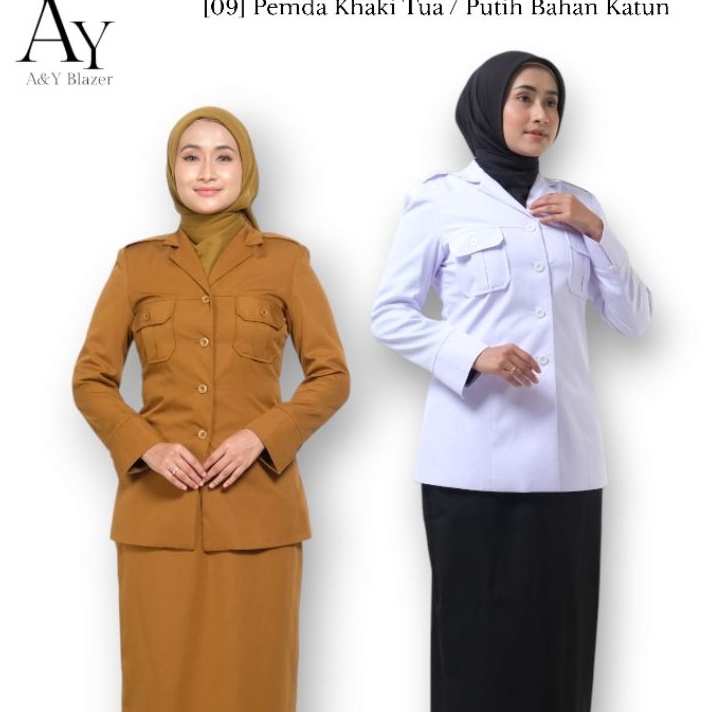 Hemat 9 AY Blazer Baju Seragam SAKU DADA PDH Guru  PNS Wanita Warna Khaki Tua  Putih  Seragam Kerja 