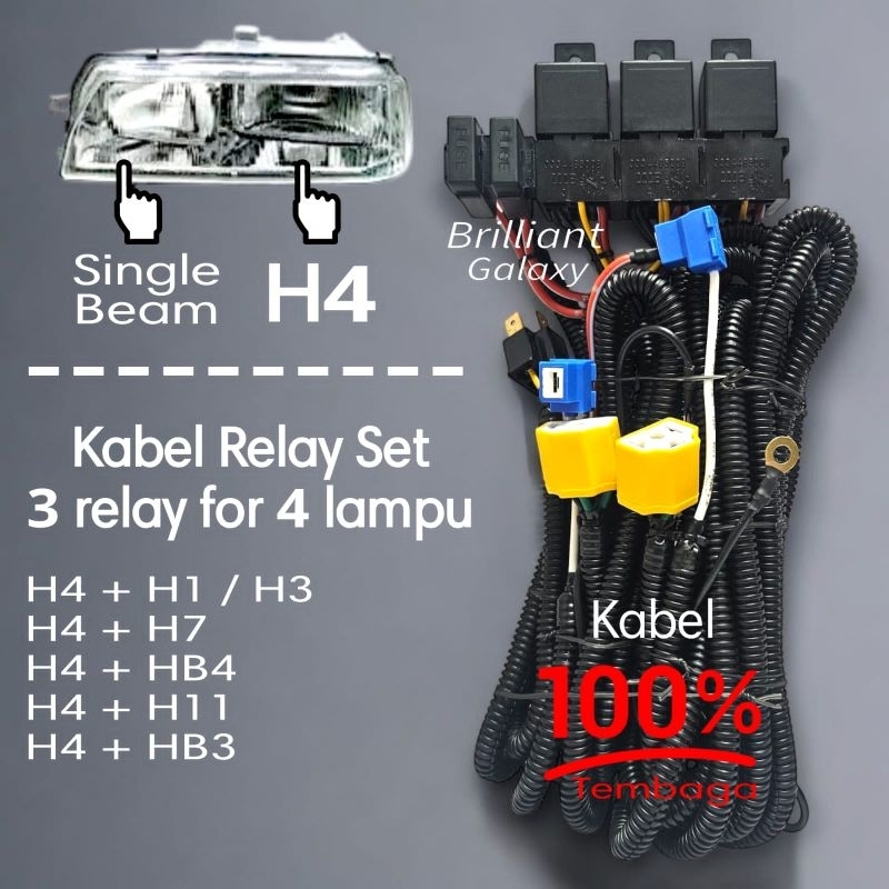 Kabel Set Relay Lampu - 3 Relay 4 Lampu ( H4 dan Single Beam )