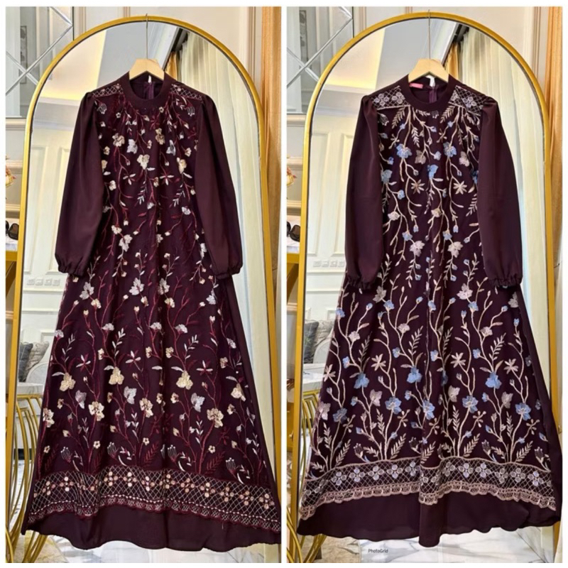 Gamis / Dress Bugandi Silk Angel Mix Brukat Tile Premium Brokat Malika Import Rekimendasi Lebaran 20