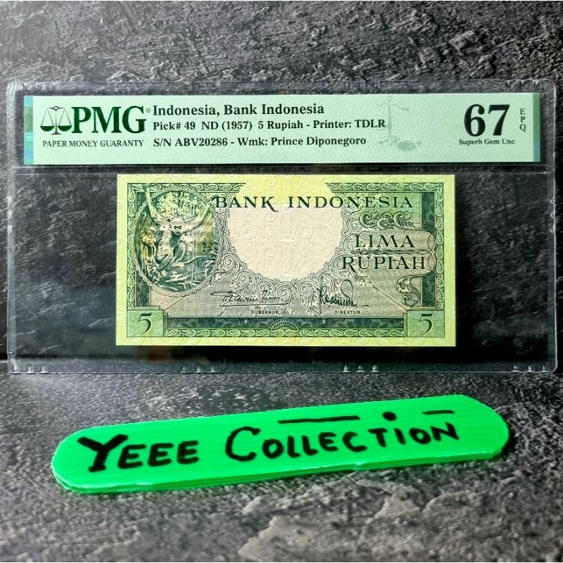 Uang Kertas Kuno Kera 5 Rupiah PMG 67 EPQ Tahun 1957 - ABV 20286