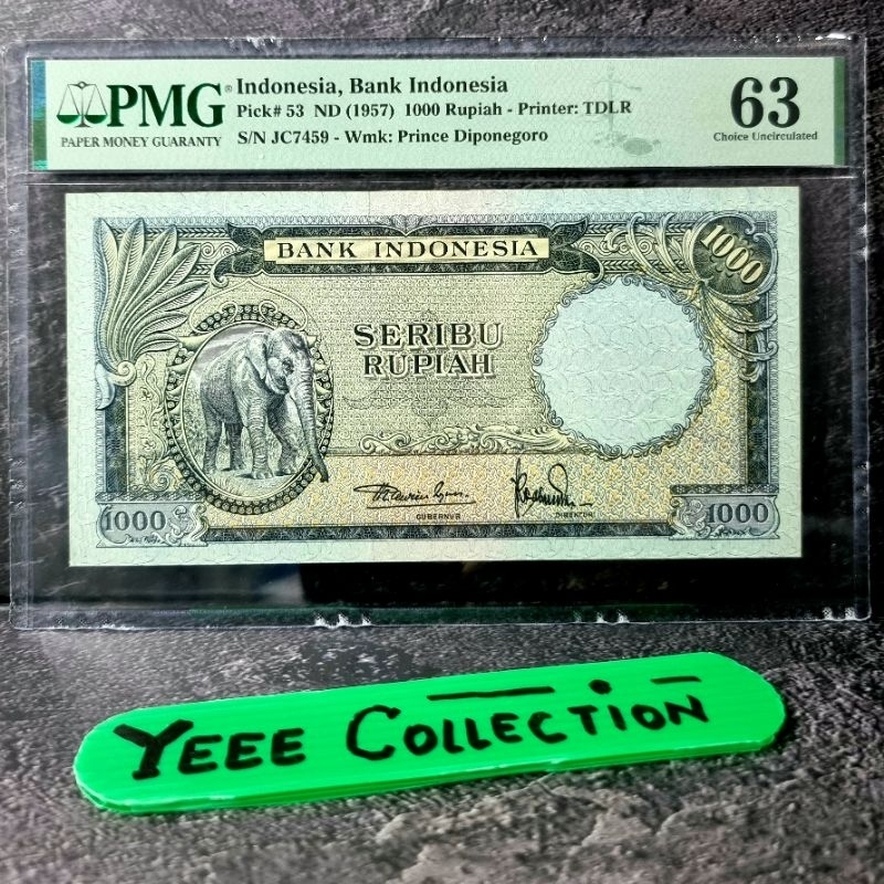 Uang Kertas Kuno Gajah 1000 Rupiah PMG 63 Tahun 1957 - JC 7459