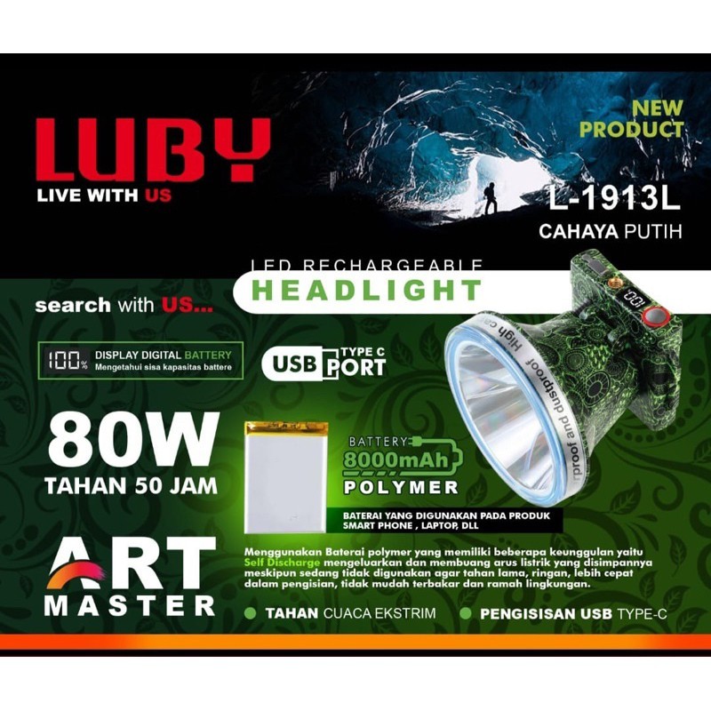Senter Kepala Luby L-1913L Headlamp 80 Watt L1913L ART MASTER Pattern