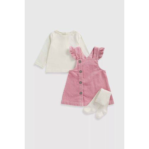 Mothercare- Pink Cord Pinny, Blouse and Tights Set