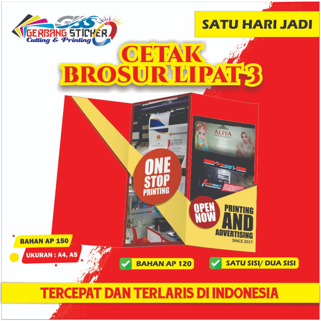

CETAK BROSUR LIPAT 3 LEAFLET UKURAN A4 DAN A5 BAHAN AP 150 SATU HARI JADI