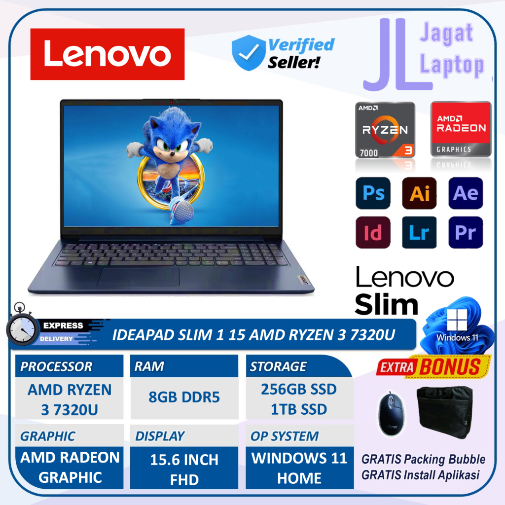 Laptop Kerja Lenovo Ideapad Slim 1 Amd Ryzen 3 Gen7 8GB Ram 1TB SSD 15.6" FHD
