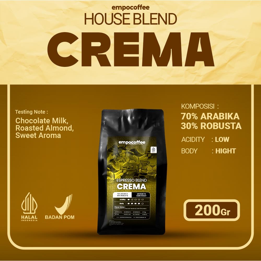 

Empo Coffee Biji Kopi Bubuk Crema Espresso House Blend Coffee Bean 70 Arabika 30 Robusta Coffe Minuman Kekinian 200 Gram