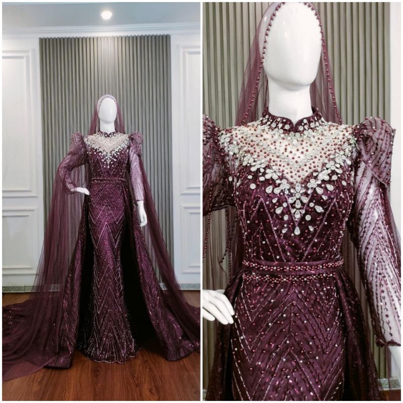 gaun pengantin slim ekor lepas pasang full payet  berekor..