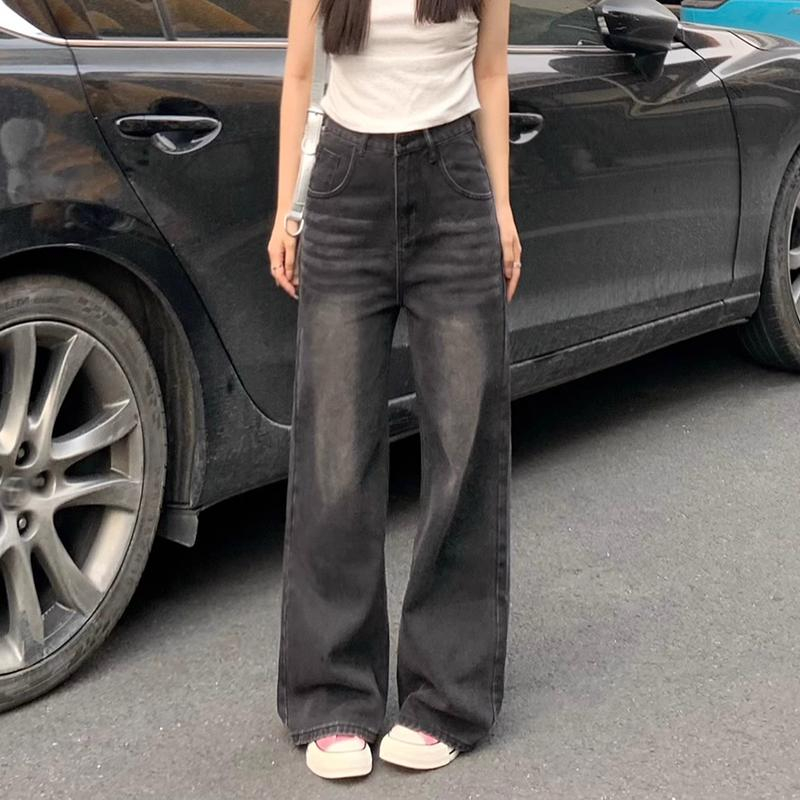 COD LULU Jeans Celana Jeans terbaru kulot Korea abu-abu retro pinggang tinggi--baggy jeans wanita