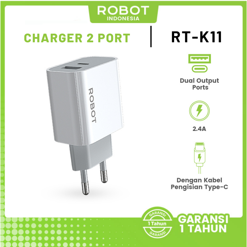 ROBOT Charger Fast Charging Dual Port 12W with Type C Cable 2.4A Adaptor Kepala Charger Adaptor Kepa