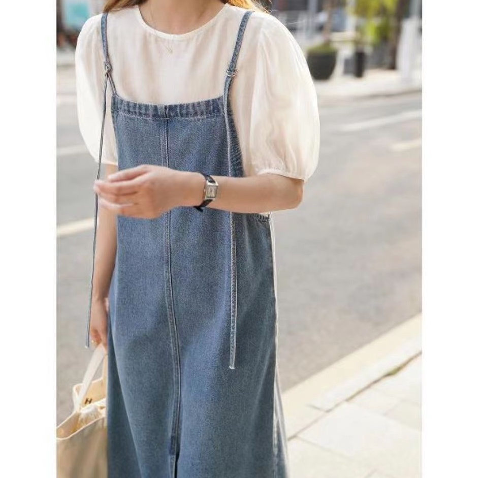 KODE A48P Ekouaer baju kondangan wanita kekinian overall dress jeans jumbo midi dress denim rok bela