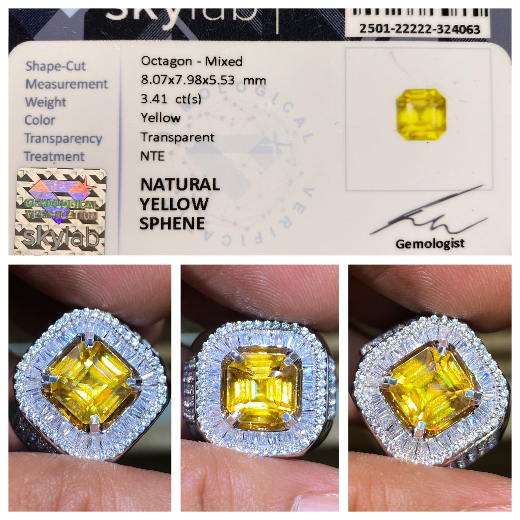 Natural 3.41ct rainbow yellow sphene ring micro tupper
