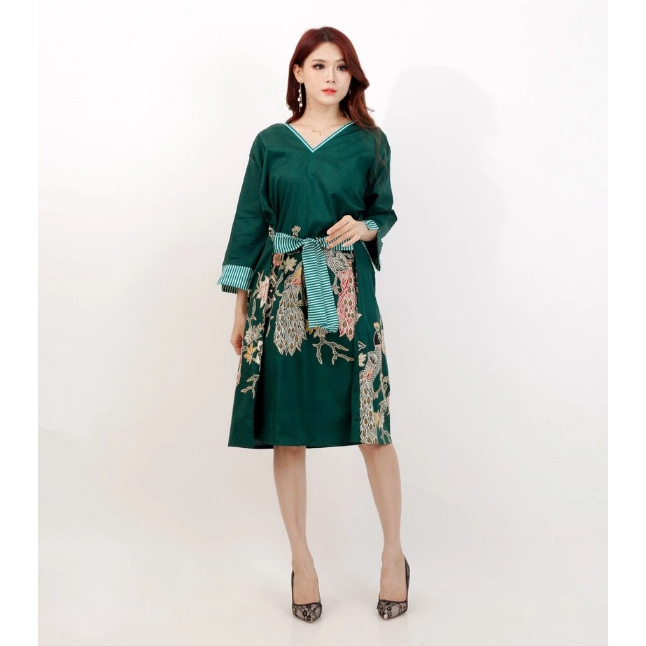 BAJU DRESS BATIK MODERN WANITA JUMBO BIG SIZE HIJAU 020 B PREMIUM OVERSIZE XXL XXXL LD 120 CM KEKINI