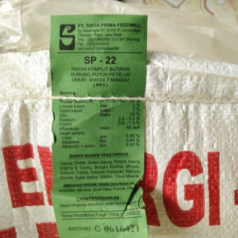 Shinta SP22 Pakan Burung Puyuh Petelur 25KG & 50KG
