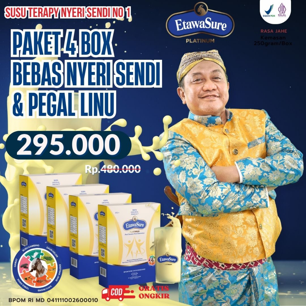 

Etawasure Platinum Susu Kambing Etawa Untuk Nyeri Sendi, Rematik dan Darah Tinggi Rasa Jahe Kemasan 250gr Paket 4 Box