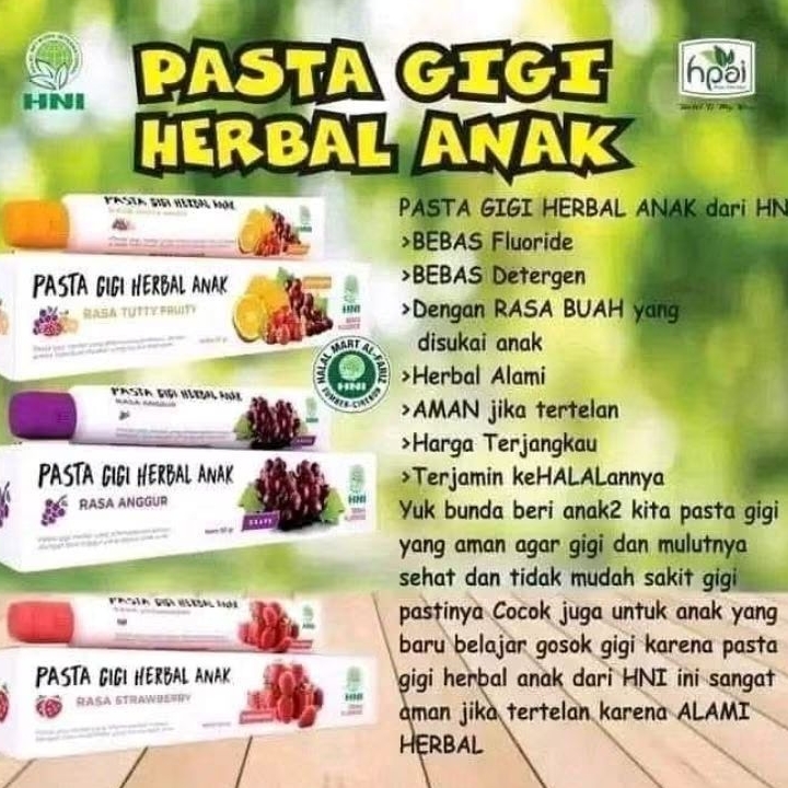 Odol Anak Herbal HNI HPAI | Kids Toothpaste Tanpa Fluoride Rasa Strawberry Anggur Aman BPOM