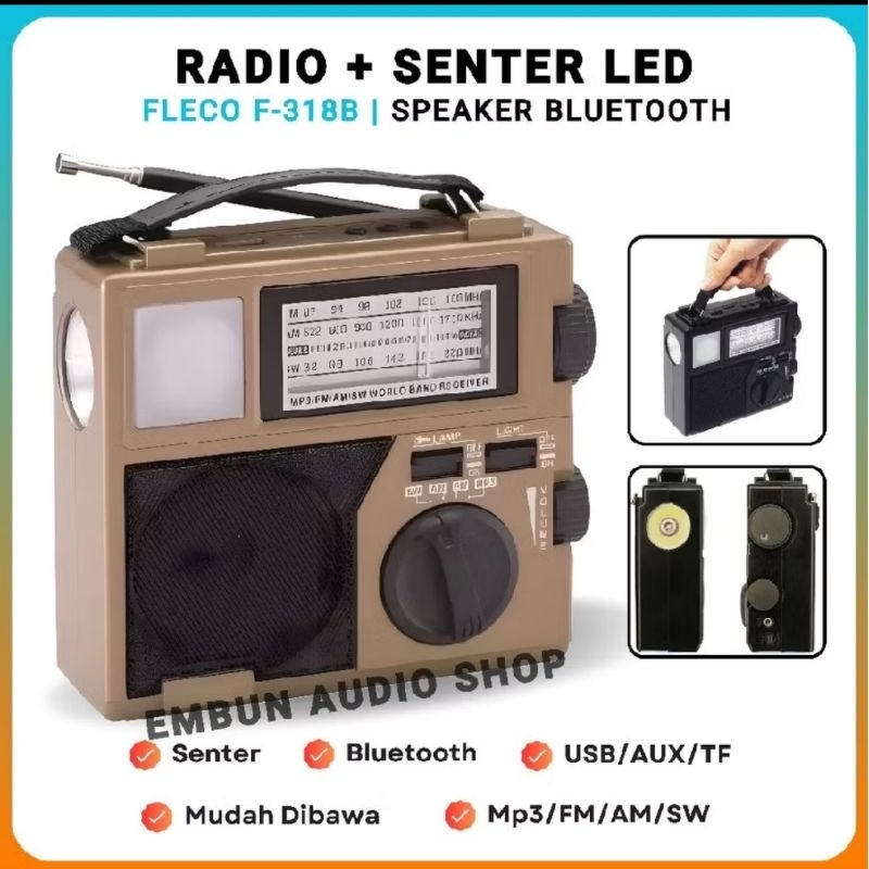 Speaker Radio Wireless Radio Jadul Bluetooth + Senter LED Emergency FLECO F-318B FM/AM/SW/TF USB