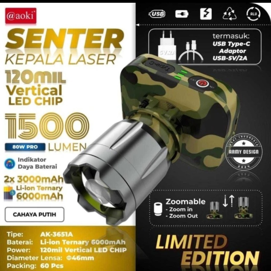 SENTER KEPALA LED ZOOM AOKI AK-3651A 80WAT PRO/AK-3562K CAHAYA KUNING-LORENG