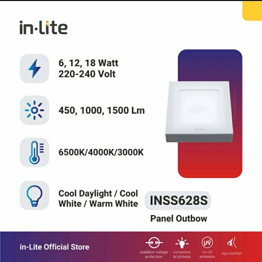 In-Lite INSS628S Lampu Downlight Panel LED Outbow Kotak 6 Watt,12 Watt, 18 Watt Putih 6500K