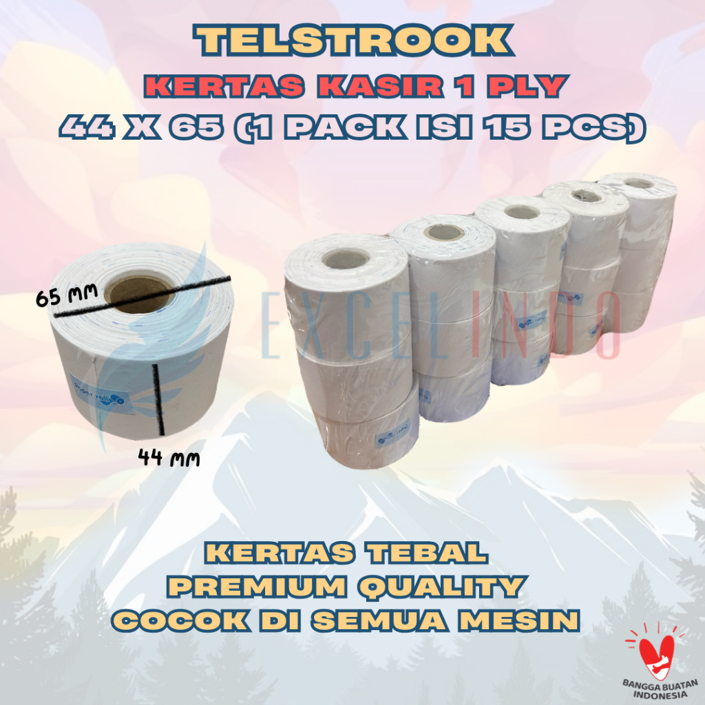 

(1 PACK/ISI 15 PCS) Telstrook Kertas Struk Kasir HVS 1 ply 44 x 65 Paper Roll 44X65 Telstruk Cash Register Merk EXCELINDO PREMIUM QUALITY