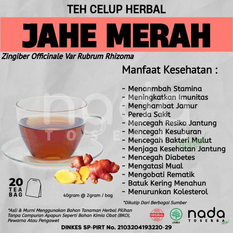 

Teh Celup Herbal JAHE MERAH Isi 20 Tea Bag | Flu, Batuk & Imunitas | Zingiber Officinale Var Rubrum Rhizoma