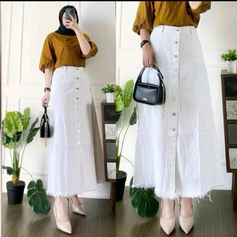 ROK RAWIS  JEANS KANCING DEPAN PANJANG WANITA  PAYUNG BOTTON UP