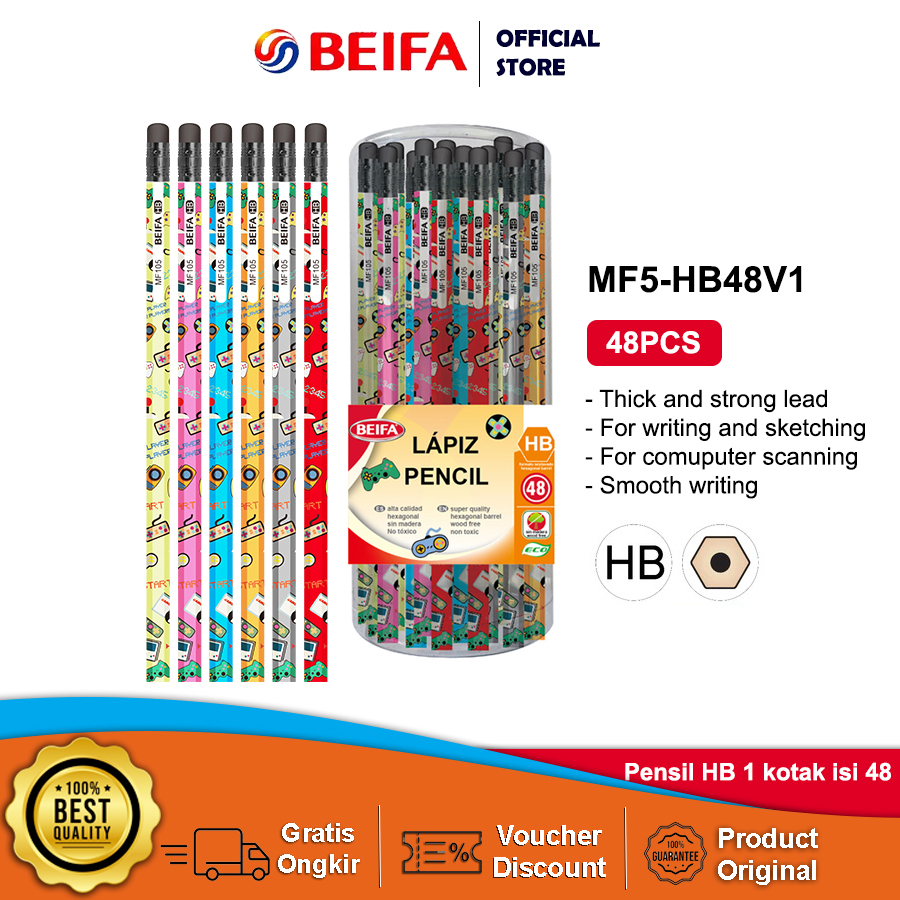 

Beifa Pensil HB dengan penghapus 48 pcs Motif Lucu MF5