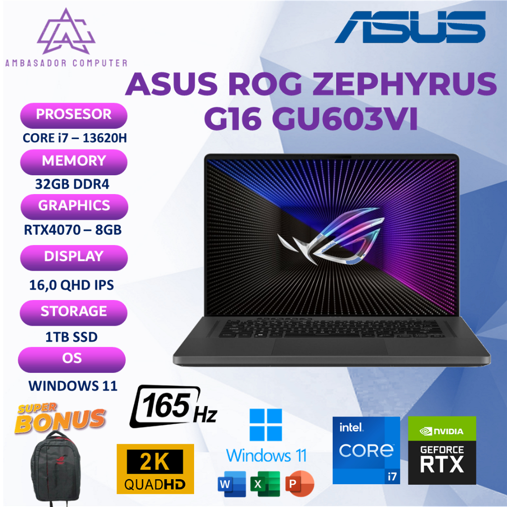 Asus ROG Zephyrus G16 GU603VI i7 13620H RTX4070 8GB 32GB 1TB Windows11 QHD IPS 165HZ
