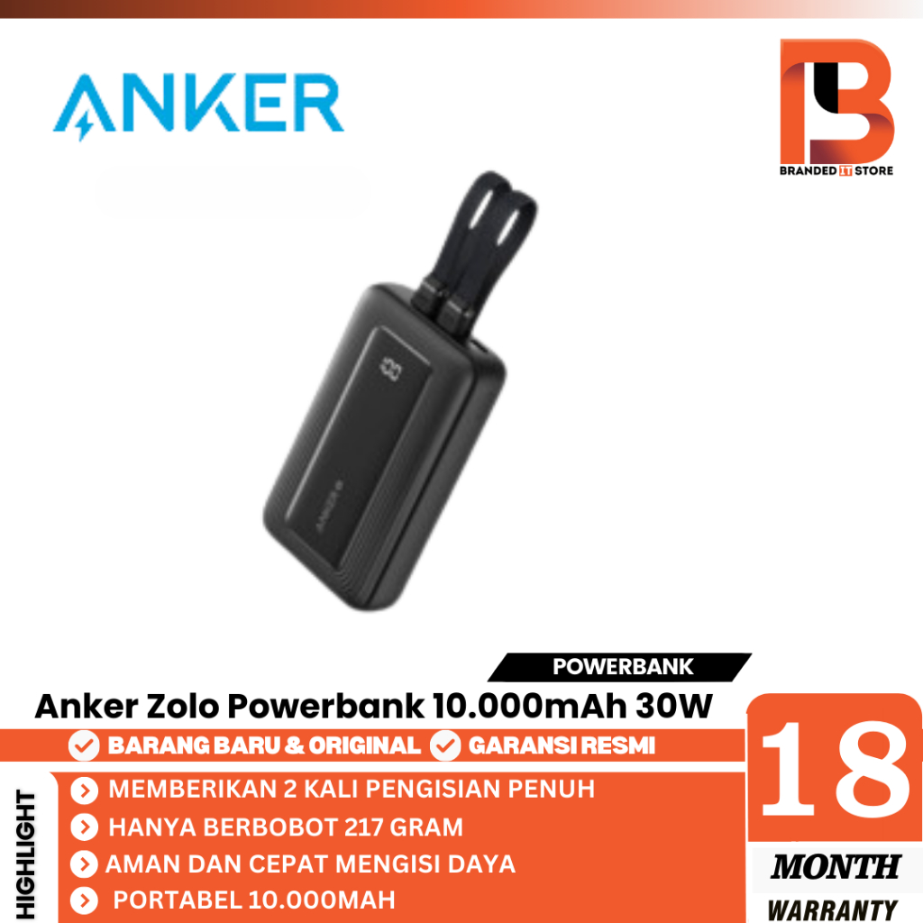 ANKER ZOLO POWER BANK 10.000MAH 30W MAX FAST PORTABLE CHARGER WITH BUILT-IN USB-C AND MFI CERTIFIED 