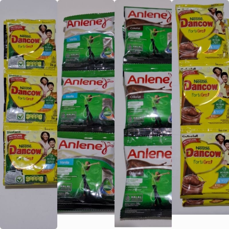 

susu DANCOW sachet PUTIH + COKLAT + ANLENE sachet COKLAT + VANILLA 1 renceng 10 sachet