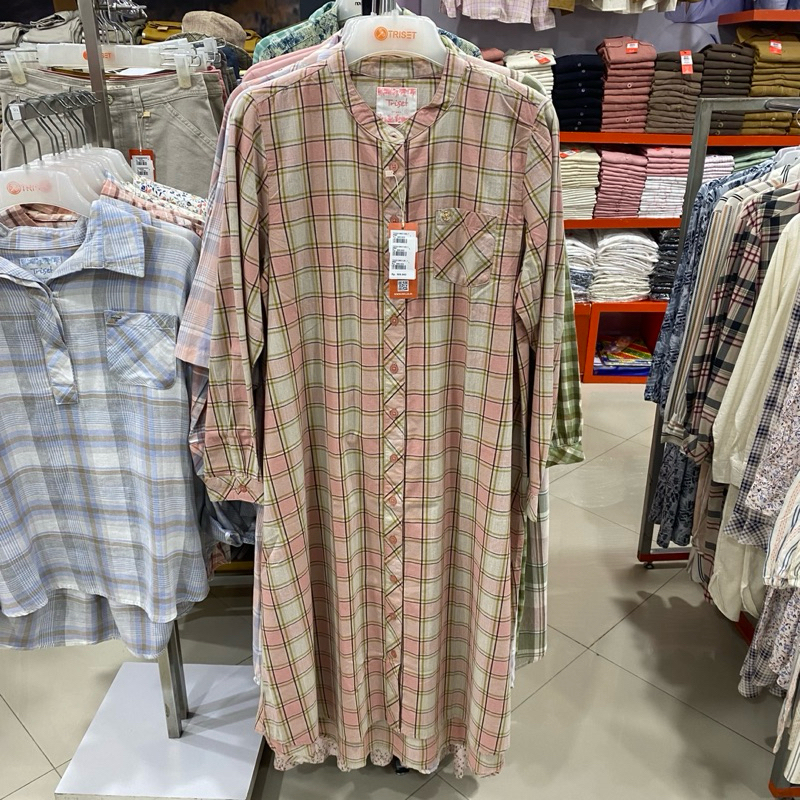 TRISET -TUNIK COTTON KERAH BULAT MOTIF  KOTAK KOTAK PINK