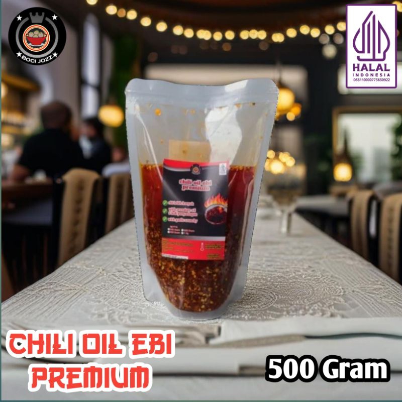 

Chili oil Ebi Premium 500 Gram With Garlic Crunchy halal