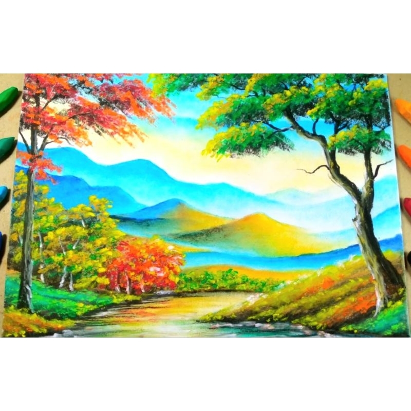 

Lukisan Pemandangan Oil pastel uk. A4 utk Tugas atau pajangan