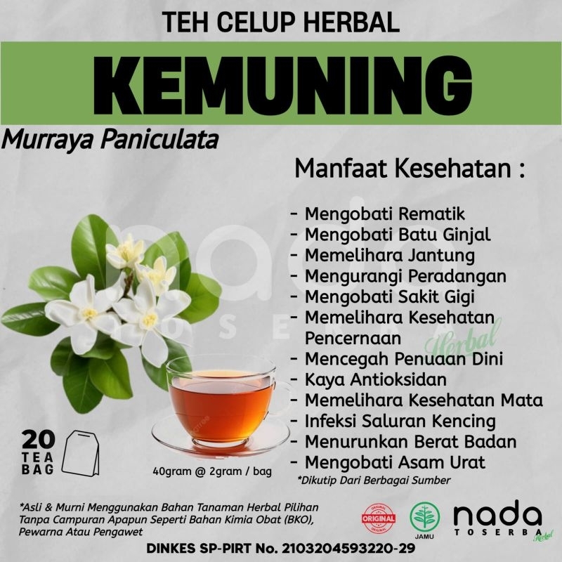 

Teh Celup Herbal KEMUNING Isi 20 Tea Bag | Rematik, Batu Ginjal Dan Asam Urat | Murraya Paniculata