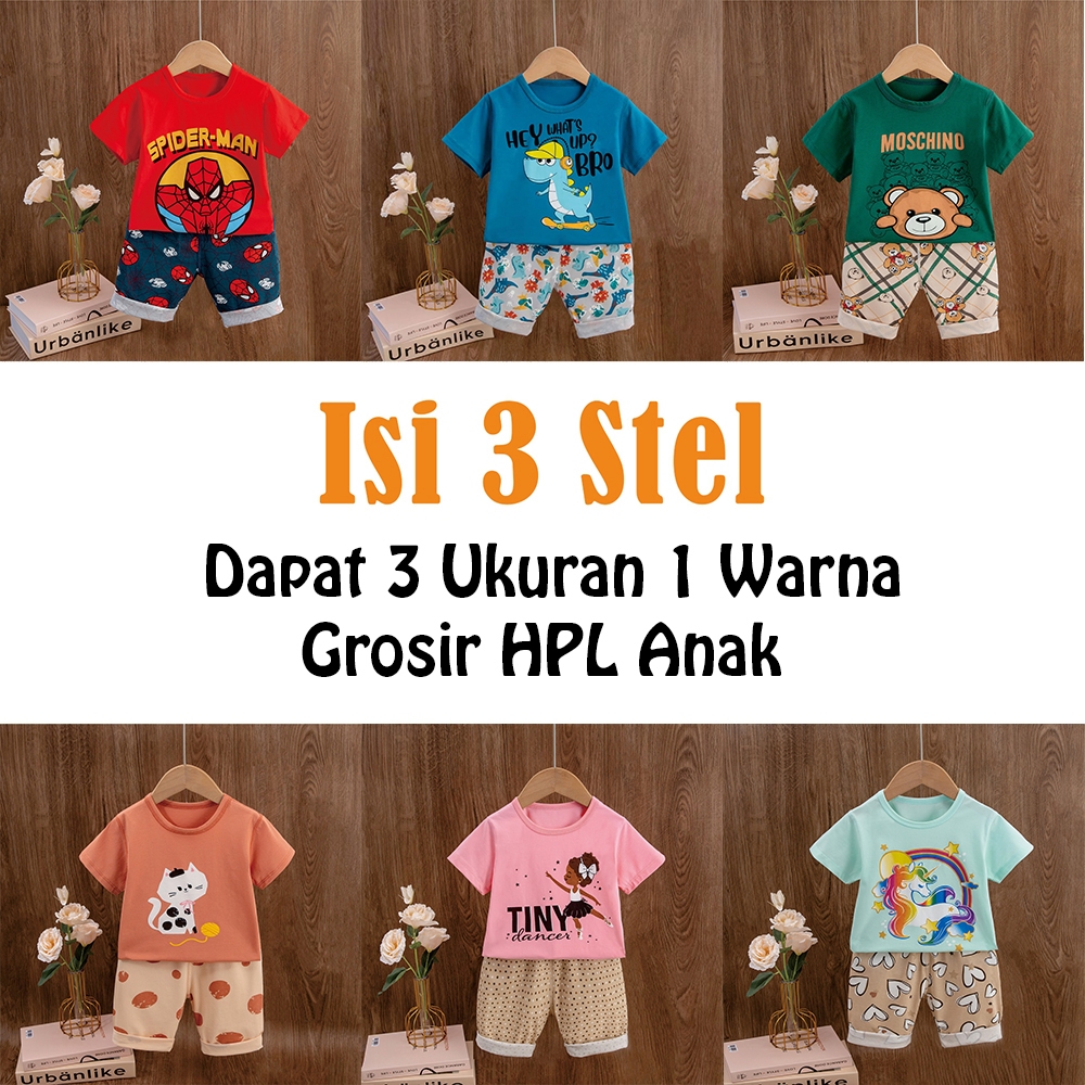 Isi 3 Stel Setelan HPL Lengan Pendek Celana Selutut/ Khusus Grosir Baju Tidur Anak Piyama / Toko Moo