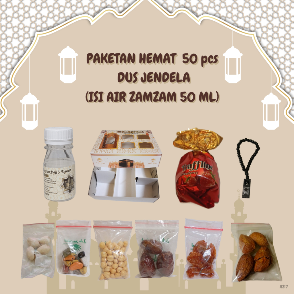 

50 pcs paketan hemat jendela untuk oleh oleh haji dan umroh ( botol isi air zam zam 50 ml)