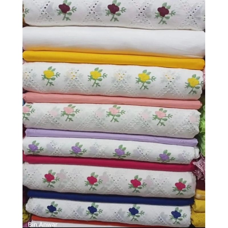 Kain Katun Bordir Motif Bunga Premium Mewah - Harga /0,5 m - Kain Katun Bordir Meteran - Bahan Katun