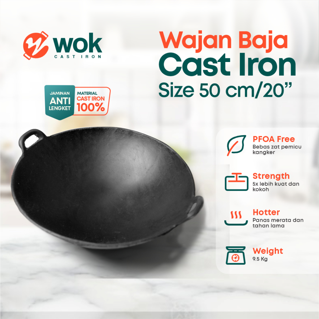Wajan Baja Cor Seasoned 20” (50cm) Tebal / Kuali Besi Cor / Wok Cast Iron / Wajan Penggorengan