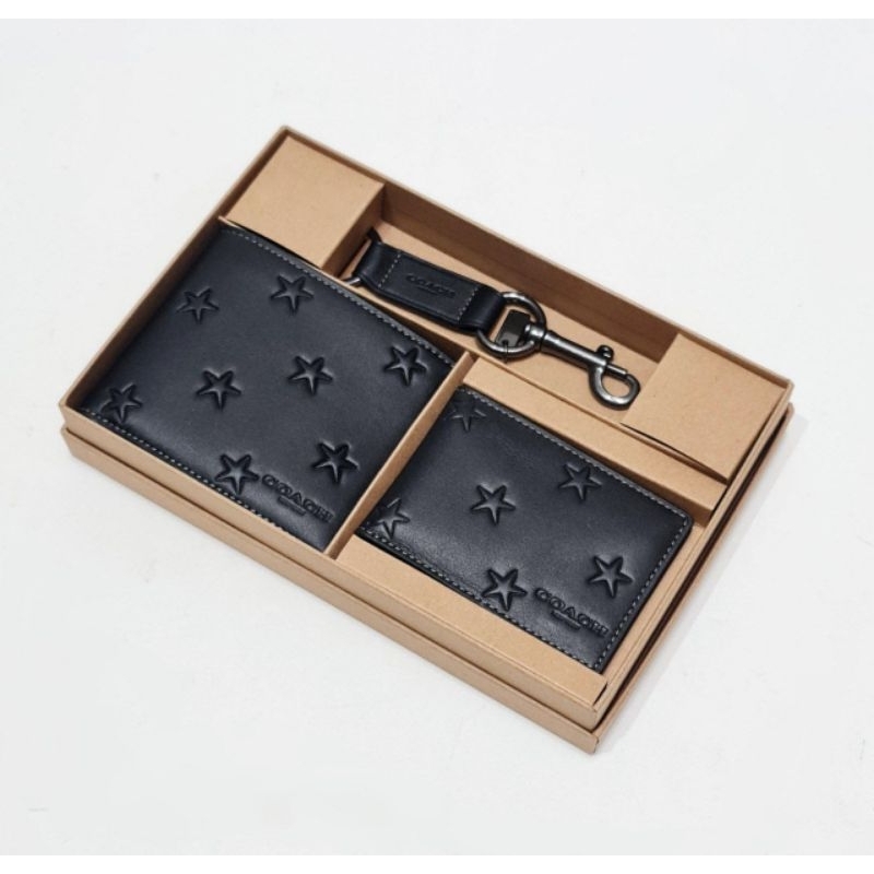 COACH CW350 3in1 GIFT BOX SET WALLET LEATHER STARS BLACK