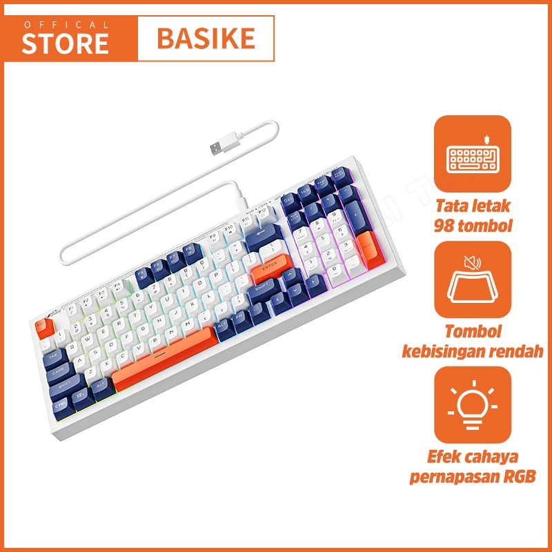 (HOT)BASIKE Keyboard Gaming Mechanical RGB Kabel Wired 98keys Mini Portable PC Laptop Original