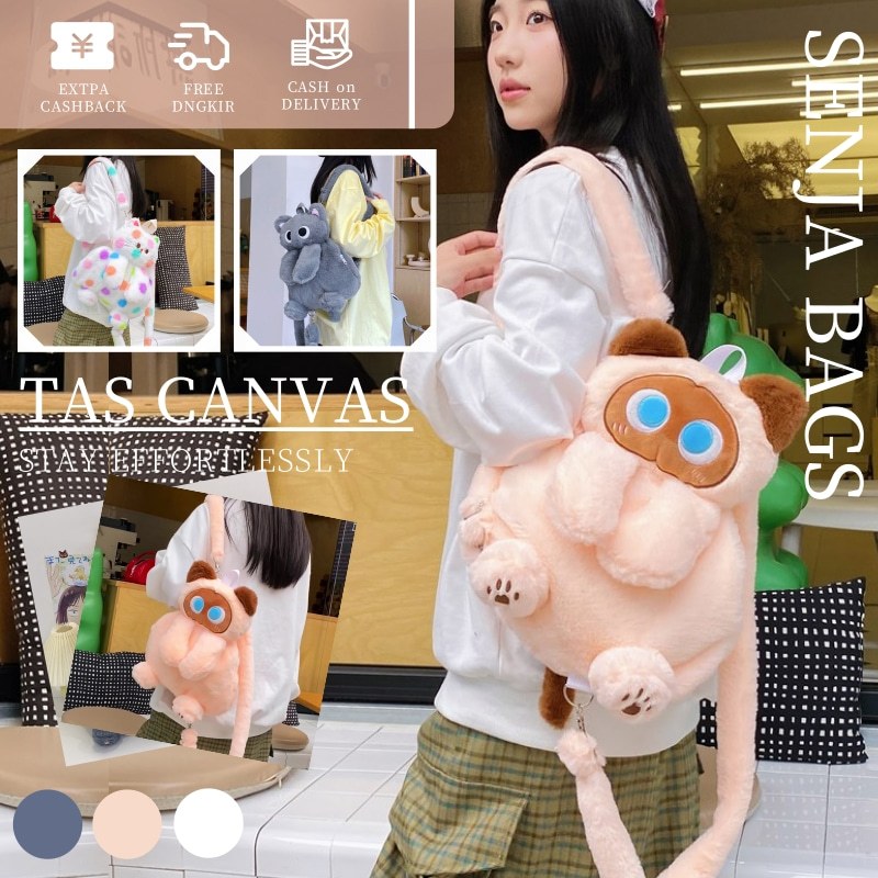 Tas kartun kucing lucu, ransel mewah, tas boneka kucing Siam, ransel boneka kain berkapasitas besar