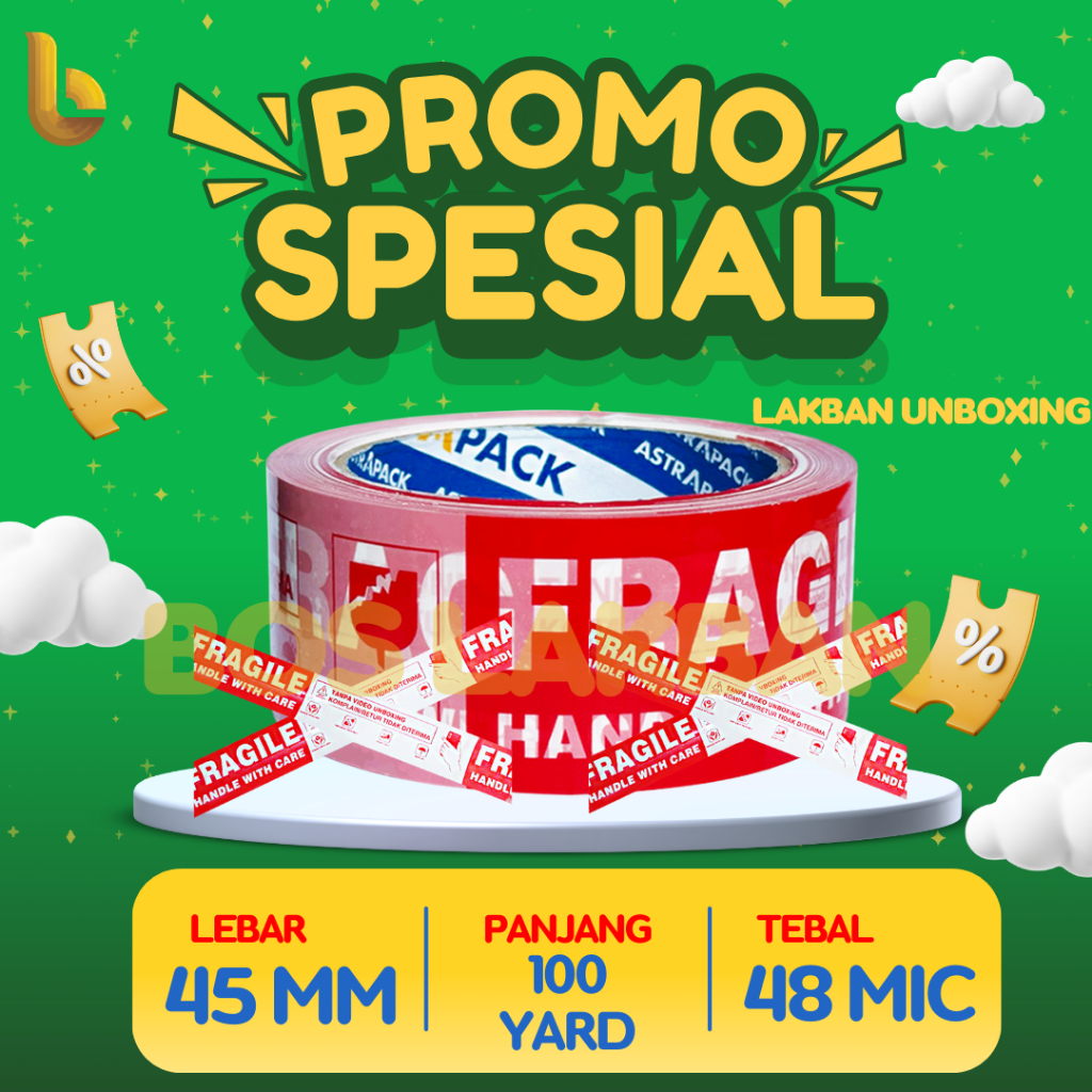 

Lakban Unboxing 45 mm x 100 yard | Isolasi OPP Fragile Kualitas Terbaik bosLakban