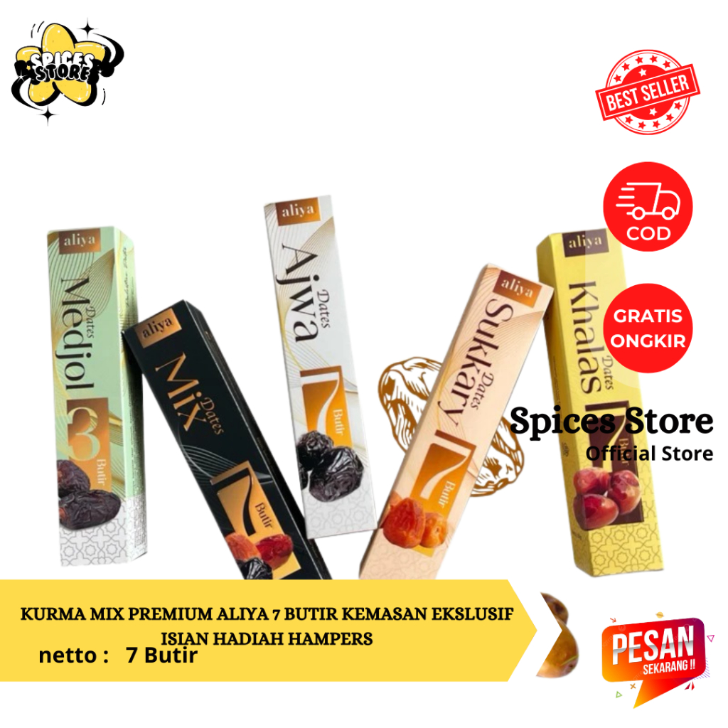 

Buah Kurma Mix Premium Aliya 7 Butir Kemasan Ekslusif Isian Hadiah Hampers - Spices Store Kurma Murah Daging Tebal
