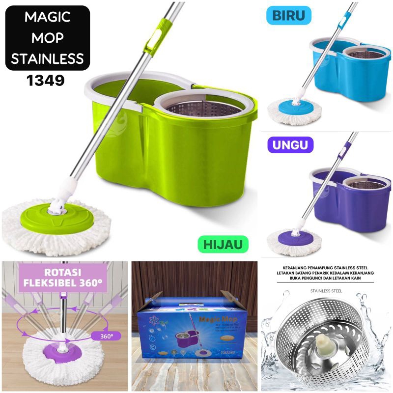 Alat Pel Spin Mop Putar Otomatis/Pel Mop Putaran Stainless/Rotari Mop Alat Pel Set Ember/ Magic Mop