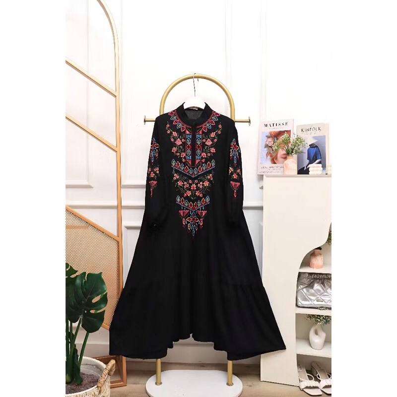 Midi Dress Bordir Muslim Fashion Midi Dress Linen Polo Dress Bordir Midi Dress Lebaran