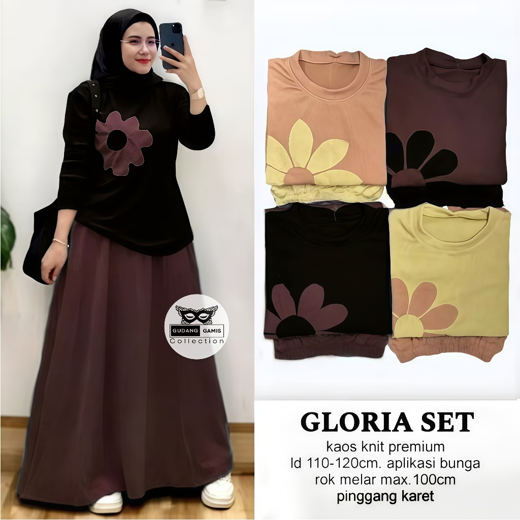 Setelan Rok Gloria Bahan Knit Premium LD 110-120cm PJ Rok 90cm Melar Kekinian Trendy Muslim Wanita